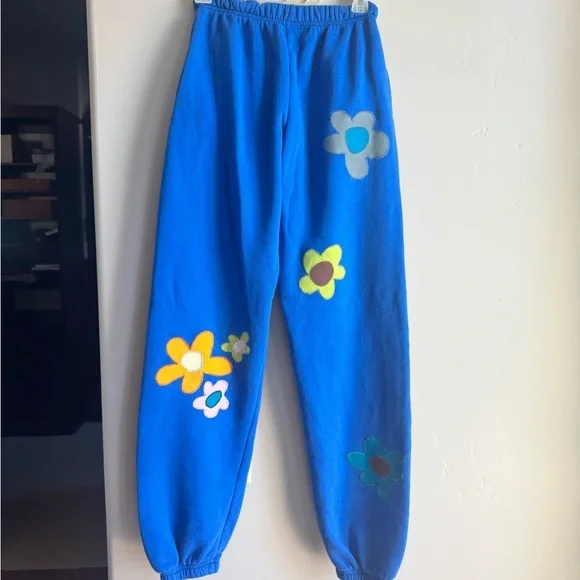 Y2K Patchwork Floral Sweatpants Blue Cozy Fleece Joggers Cottagecore Streetwear - Picture 2 of 3